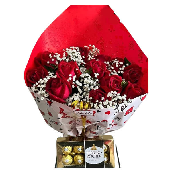 Buque 12 Rosas vermelhas + Chocolate Ferrero Rocher 8 unidades
