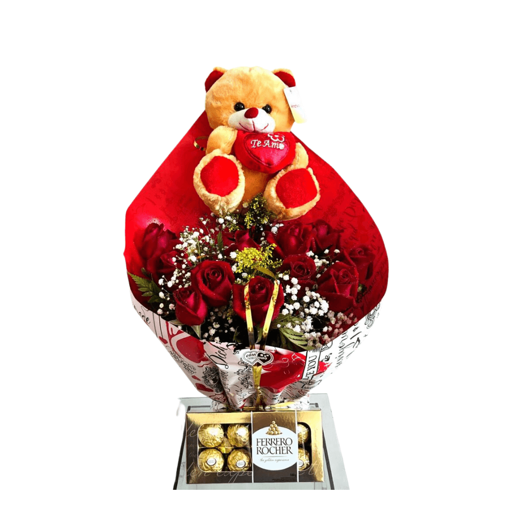 Buquê 12 rosas com Urso Love e Chocolate